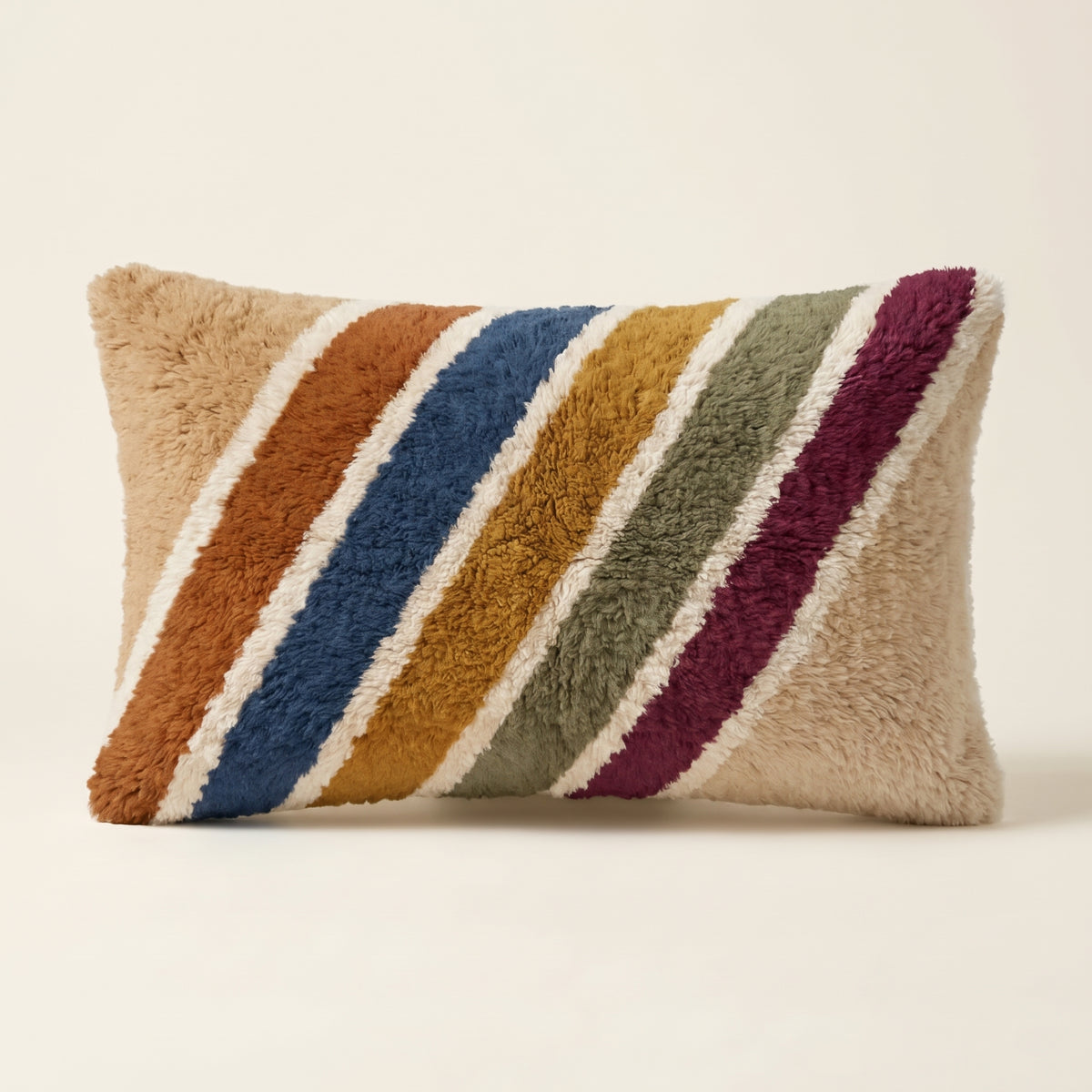 Sand & Multicolor Moroccan wool lumbar pillow, Leaning Stripes design, 14 x 24 in