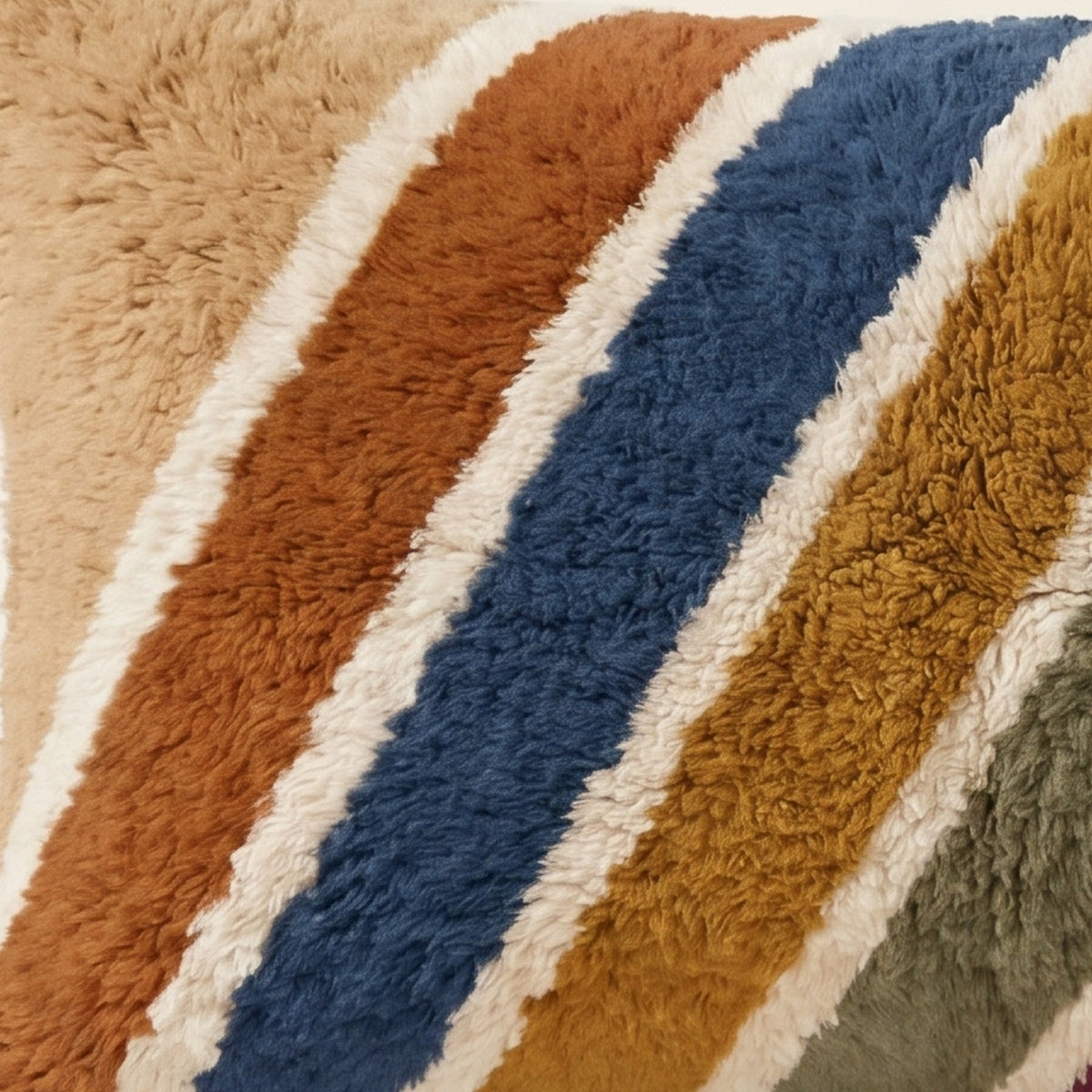 Side view of the Asif Moroccan pillow showing its sand and multicolor wool pile