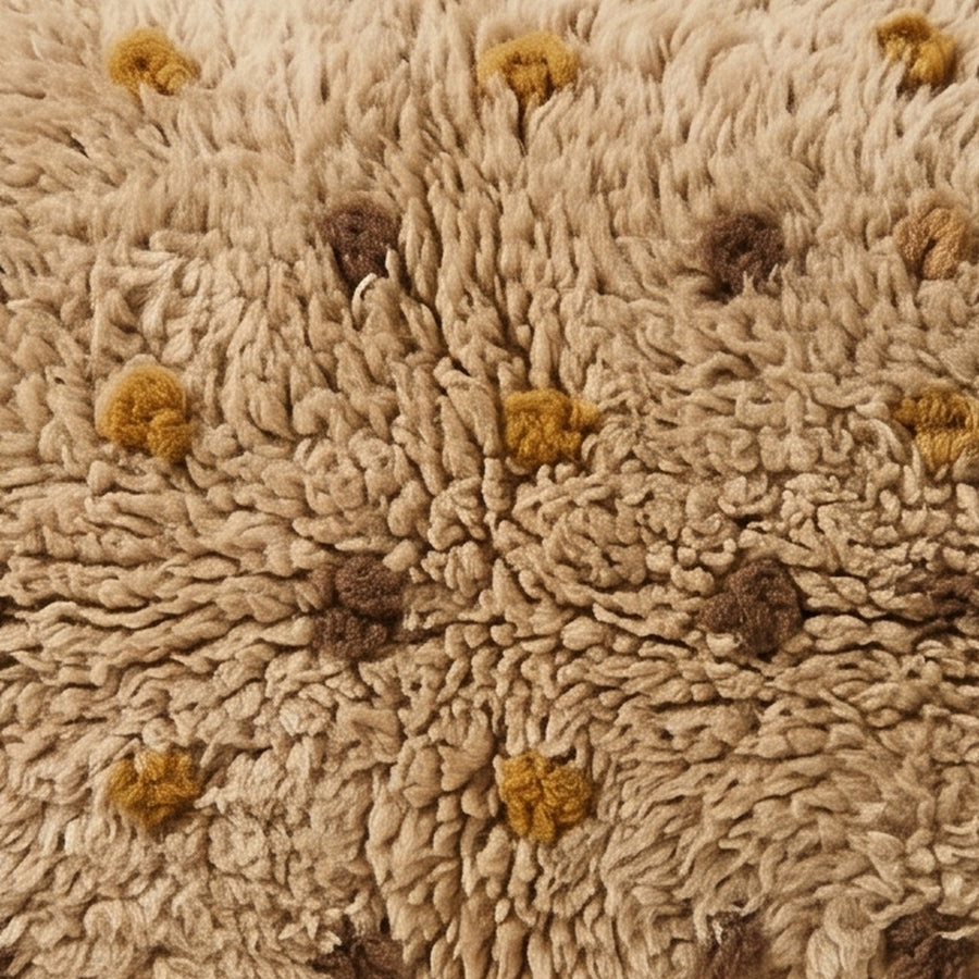 Close-up of the mustard freckle pattern on the Tazwit Moroccan wool pillow