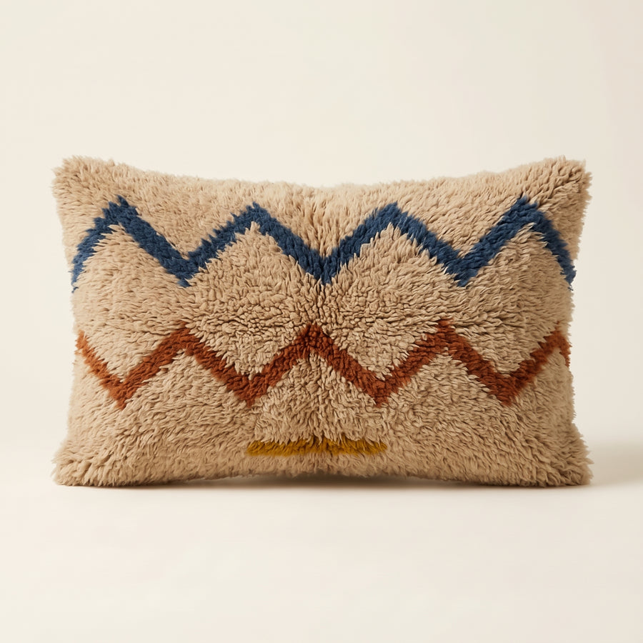 Sand, Navy & Rust Moroccan wool lumbar pillow, Zig Mix design, 14 x 24 in