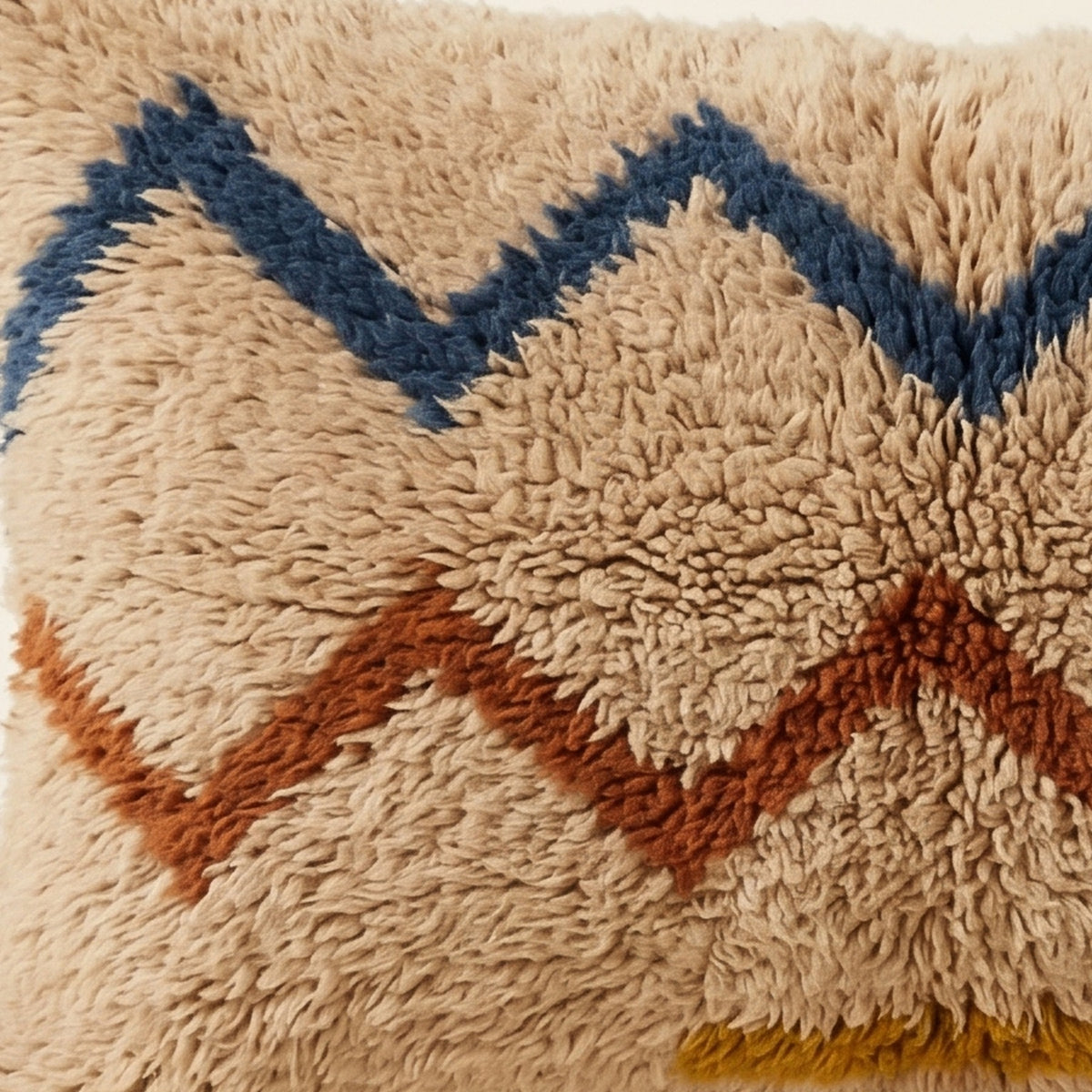 Side view of the Tasa Moroccan pillow showing its sand, navy and rust wool pile