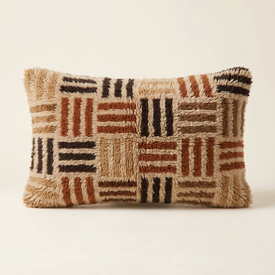 Sand, Rust & Black Moroccan wool lumbar pillow, Woven Bars design, 14 x 24 in