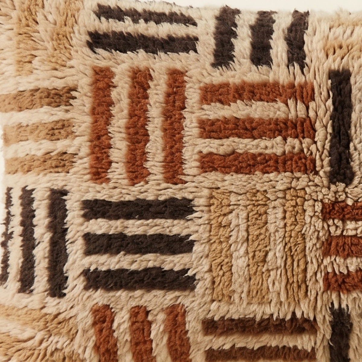 Side view of the Tasekkurt Moroccan pillow showing its sand, rust and black wool pile