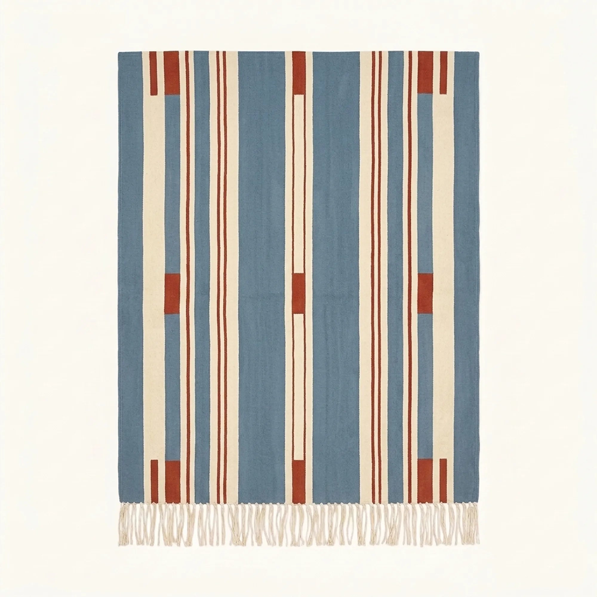 Blue Zanafi Kilim rug Siroua with ivory and rust broken lines, full rug view