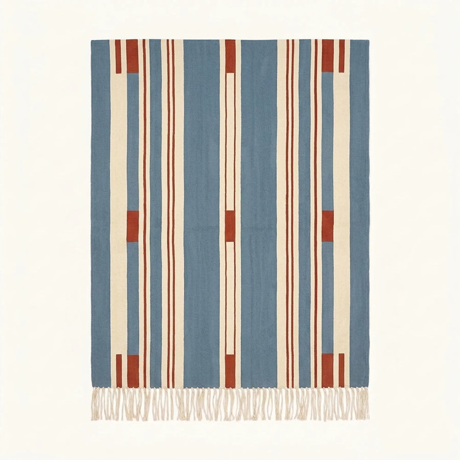 Blue Zanafi Kilim rug Siroua with ivory and rust broken lines, full rug view