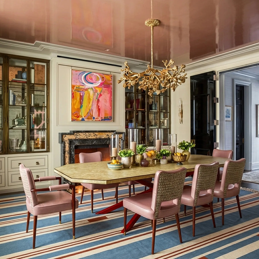 Blue Zanafi Kilim rug Siroua with broken linear pattern, lifestyle dining room view