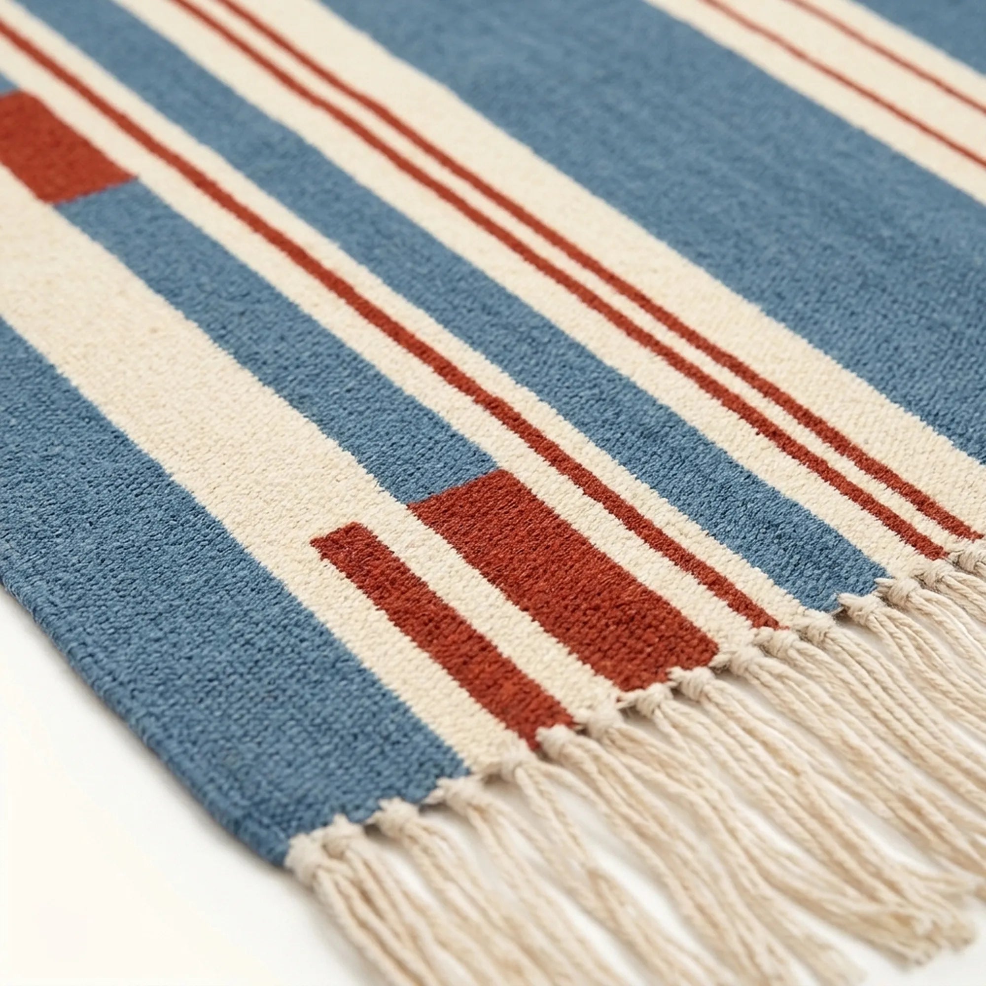 Blue Zanafi Kilim rug Siroua, rust line and fringe detail