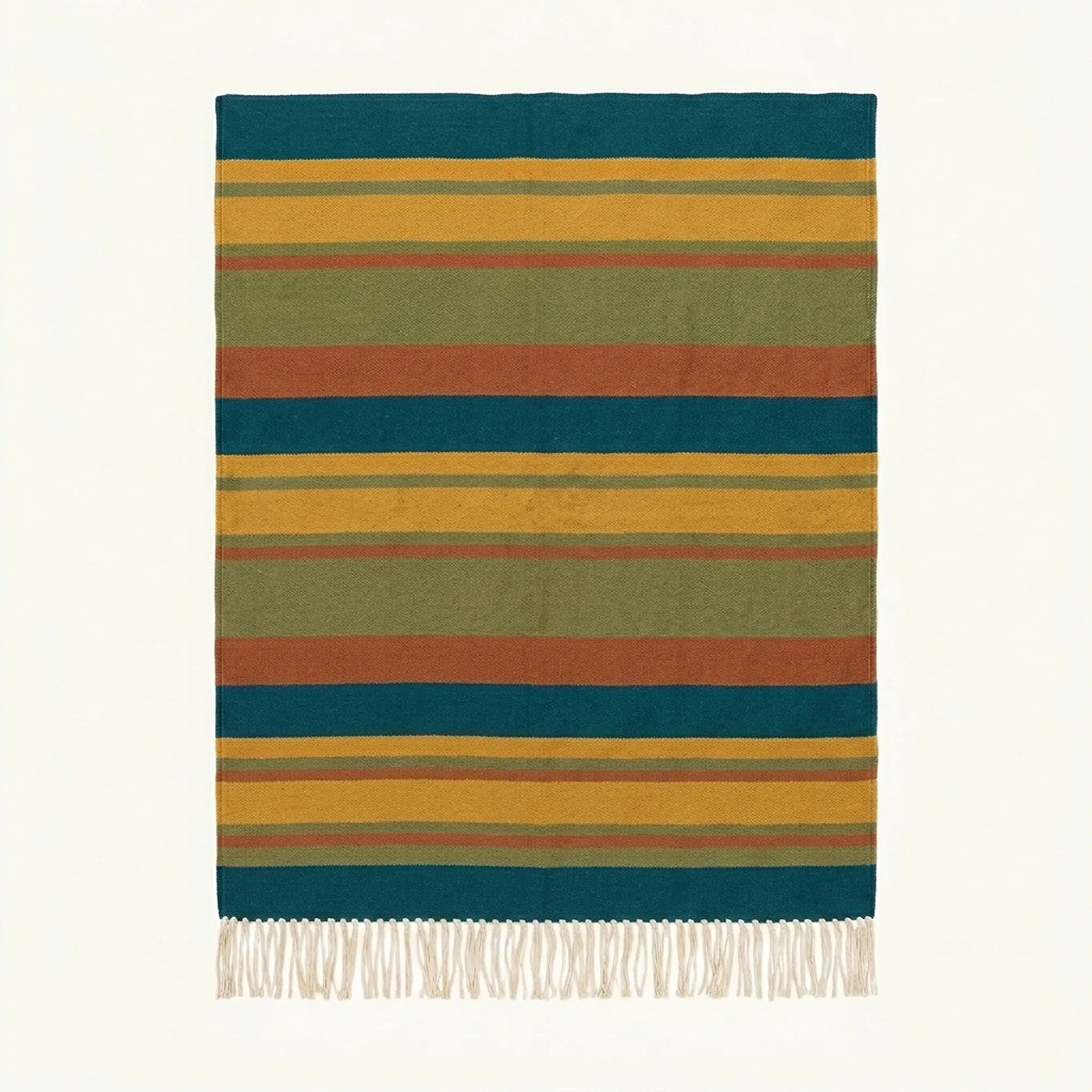Teal Zanafi Kilim rug Skoura with bold ochre and olive bands, full rug view