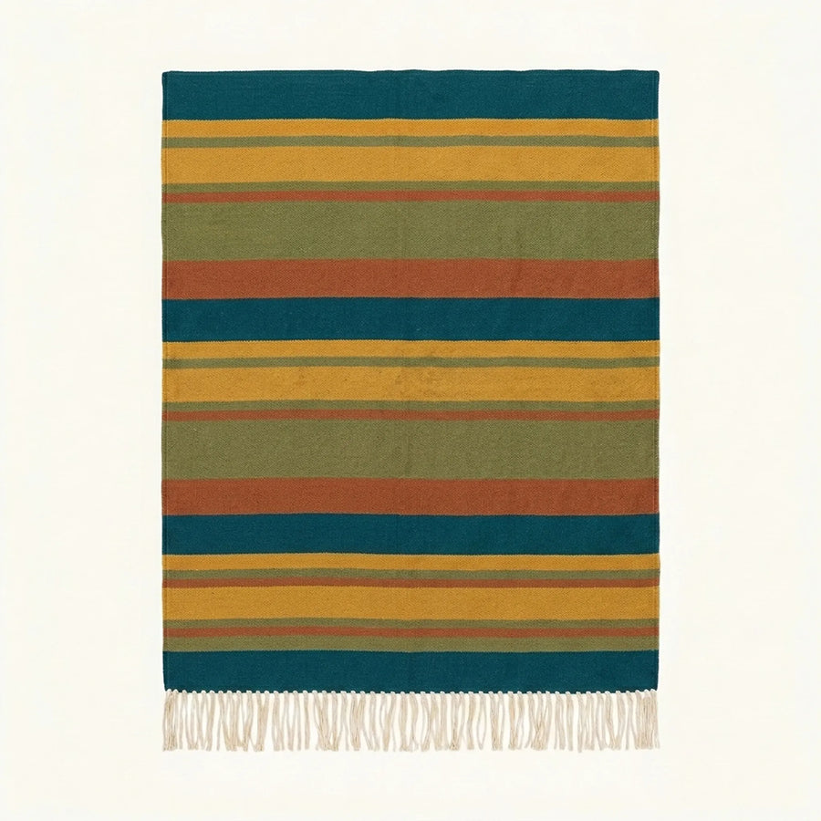 Teal Zanafi Kilim rug Skoura with bold ochre and olive bands, full rug view