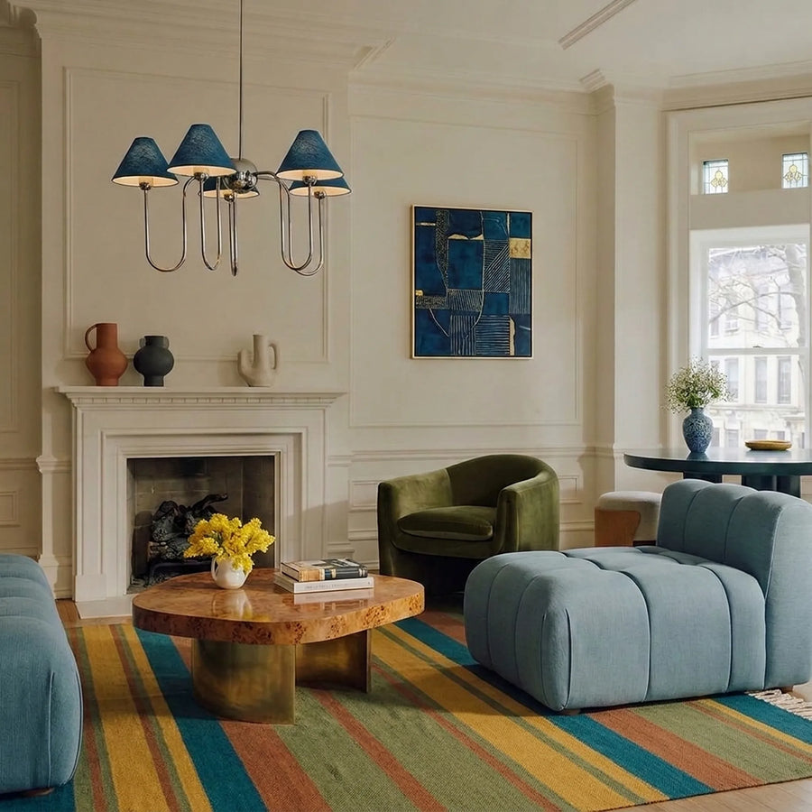 Teal Zanafi Kilim rug Skoura with bold bands, lifestyle living room view