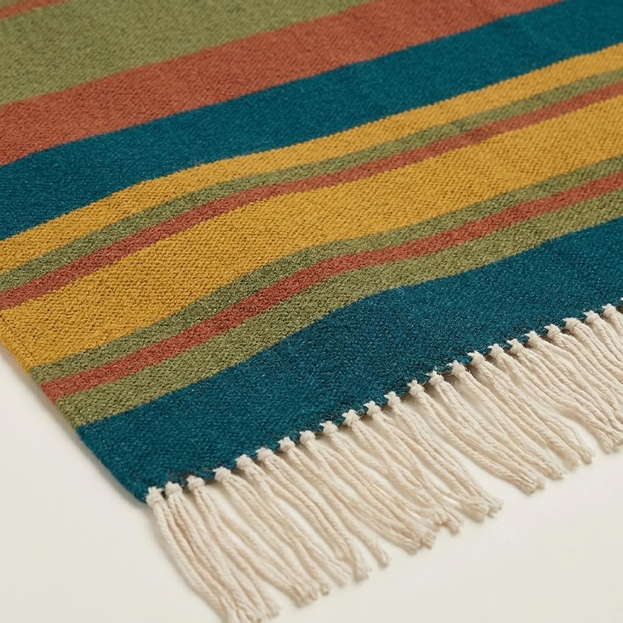 Teal Zanafi Kilim rug Skoura, fringe and stripe detail