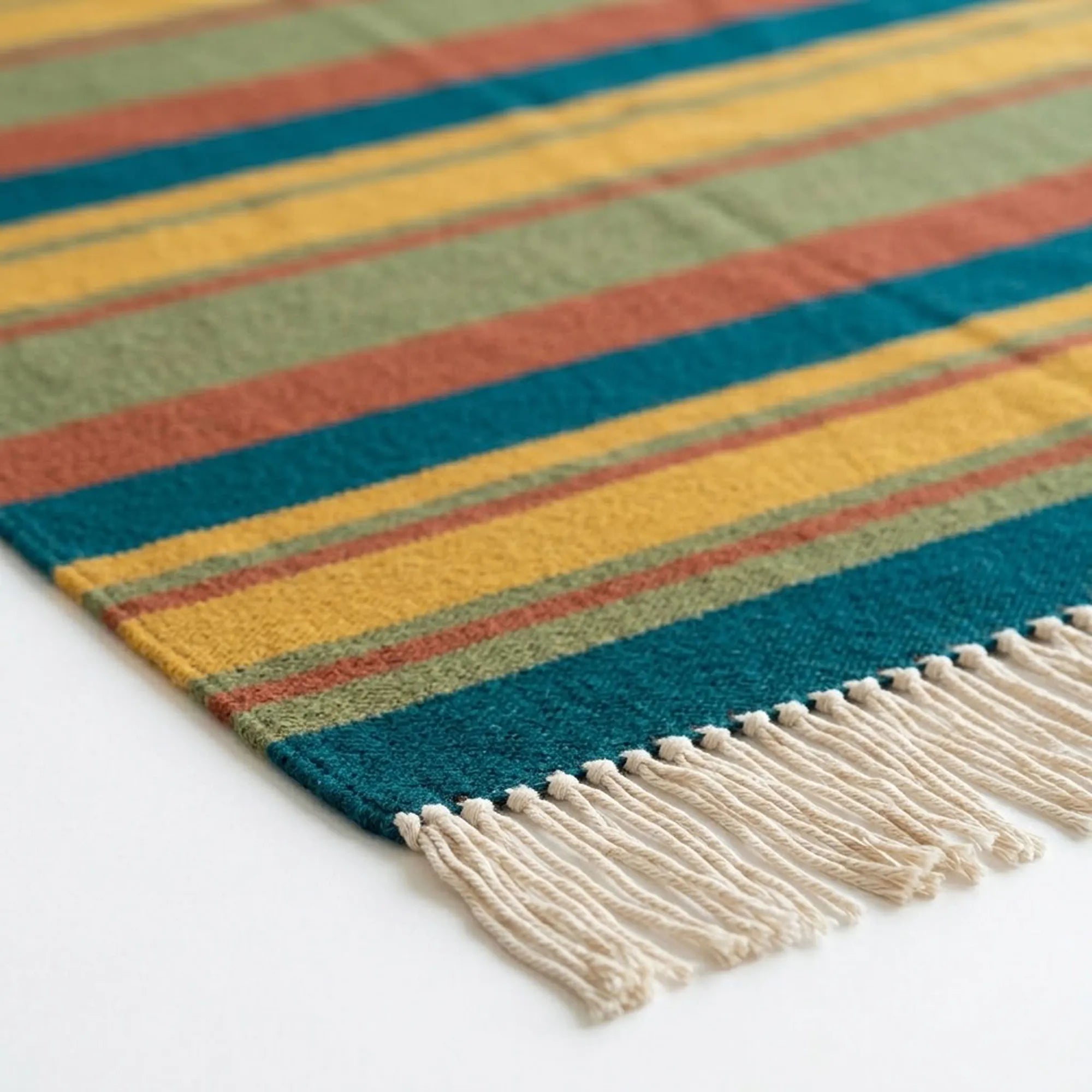 Teal Zanafi Kilim rug Skoura, natural wool flat-weave edge