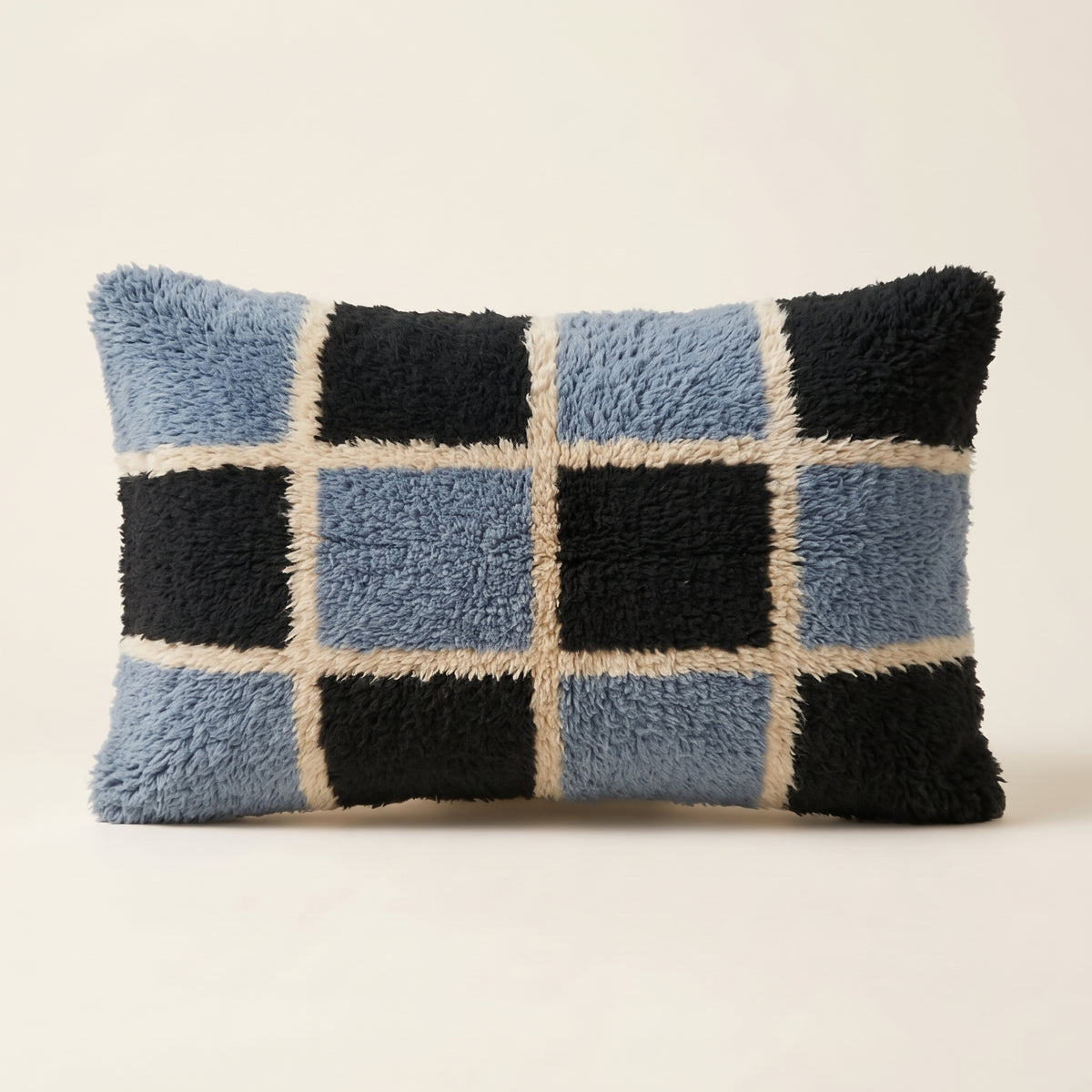 Slate Blue & Black Moroccan wool lumbar pillow, Block Check design, 14 x 24 in