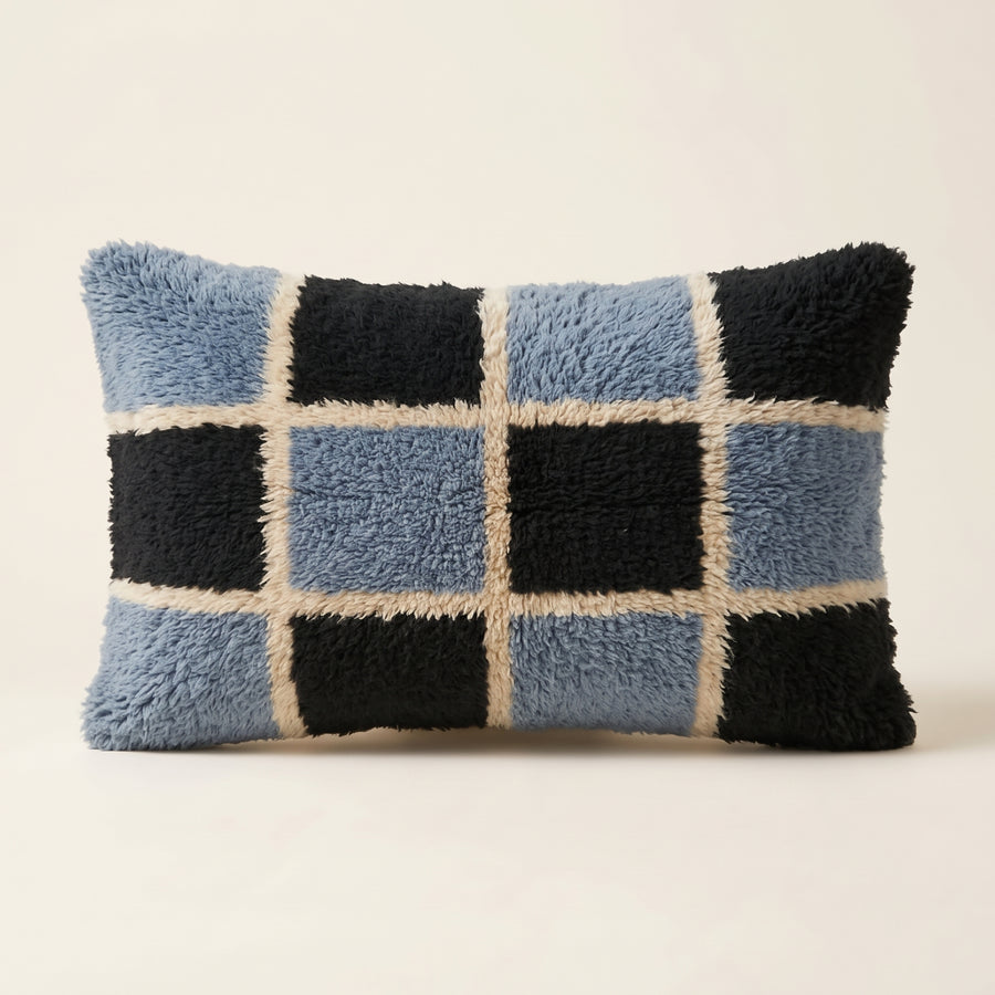 Slate Blue & Black Moroccan wool lumbar pillow, Block Check design, 14 x 24 in