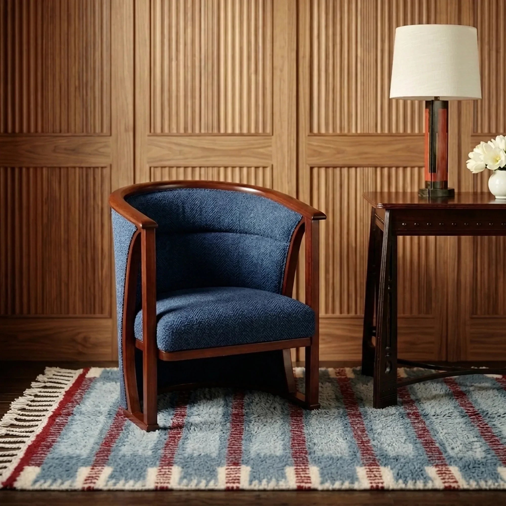 Izen slate blue, burgundy and ivory Beni Ourain rug styled in a refined living room.