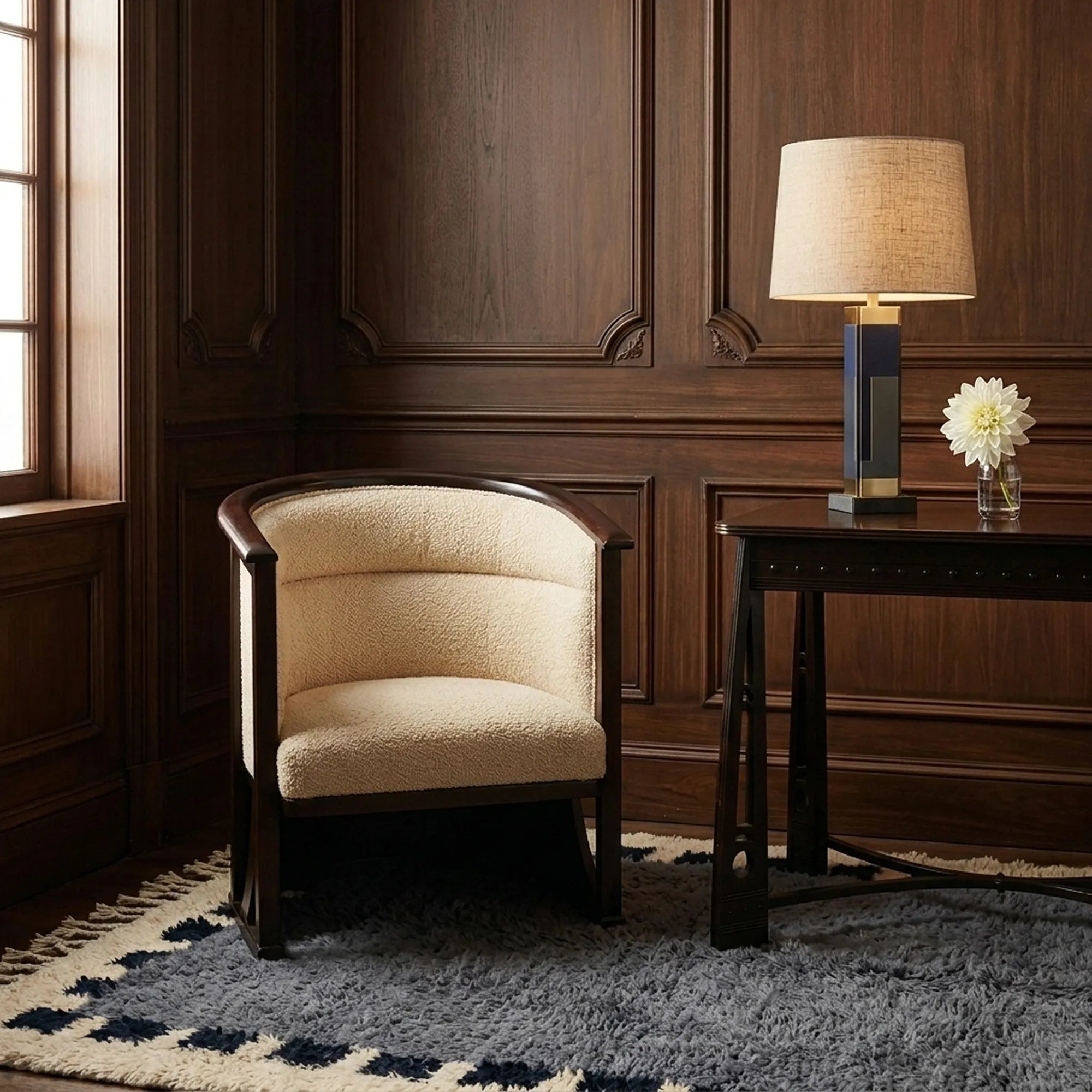 Tamesna slate blue, navy and ivory Beni Ourain rug styled in a refined interior.