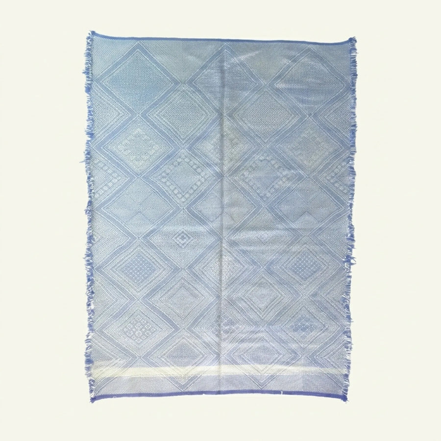 Blue Zanafi Kilim rug Tafraoute with framed diamond pattern, full rug view