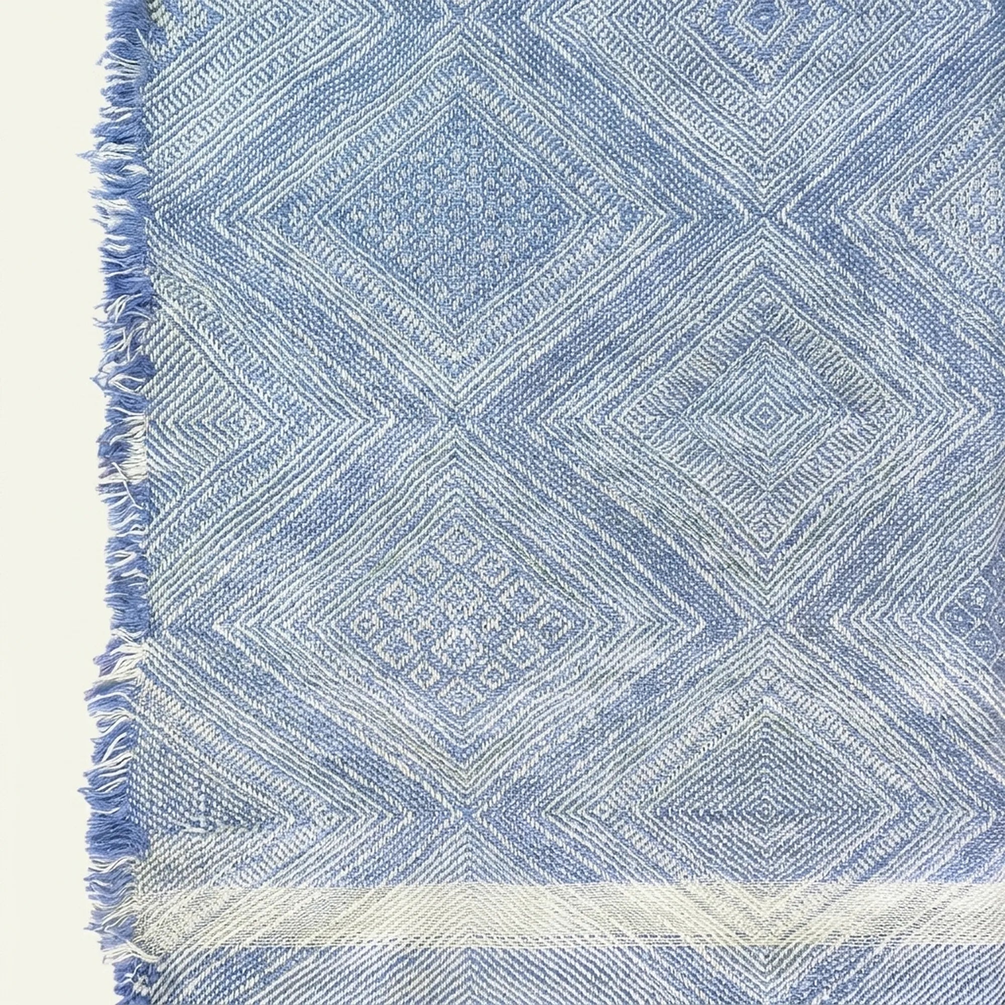Blue Zanafi Kilim rug Tafraoute with framed diamond pattern, weave and border detail