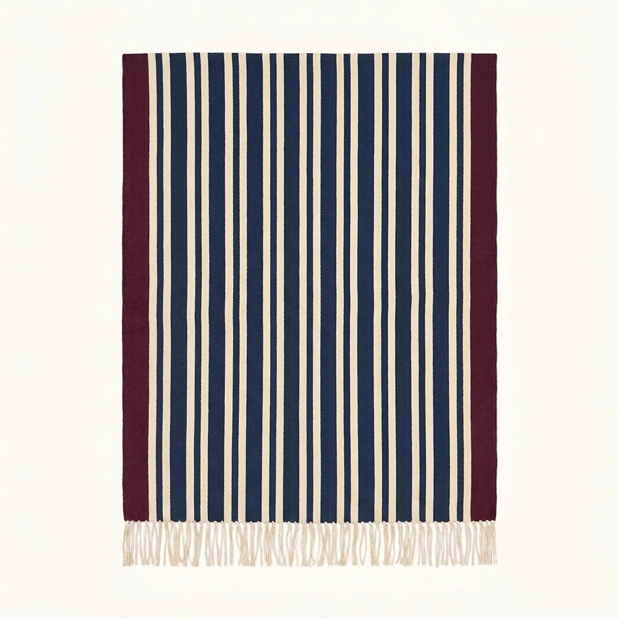 Navy, ivory and burgundy Zanafi rug Taghbalut with pinstripe design, full rug view