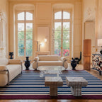 Navy, ivory and burgundy Zanafi rug Taghbalut with pinstripe design, lifestyle room view