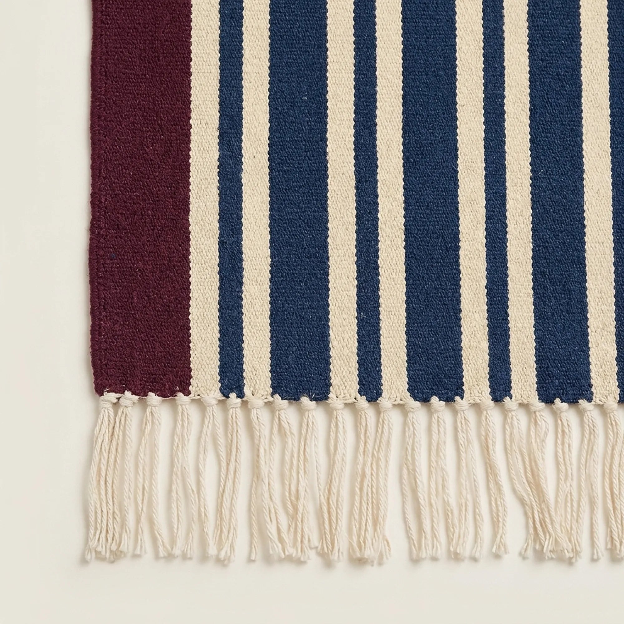 Navy, ivory and burgundy Zanafi rug Taghbalut with pinstripe design, border and fringe detail