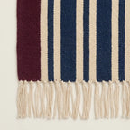 Navy, ivory and burgundy Zanafi rug Taghbalut with pinstripe design, weave and fringe detail