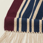 Navy, ivory and burgundy Zanafi rug Taghbalut with pinstripe design, additional border detail