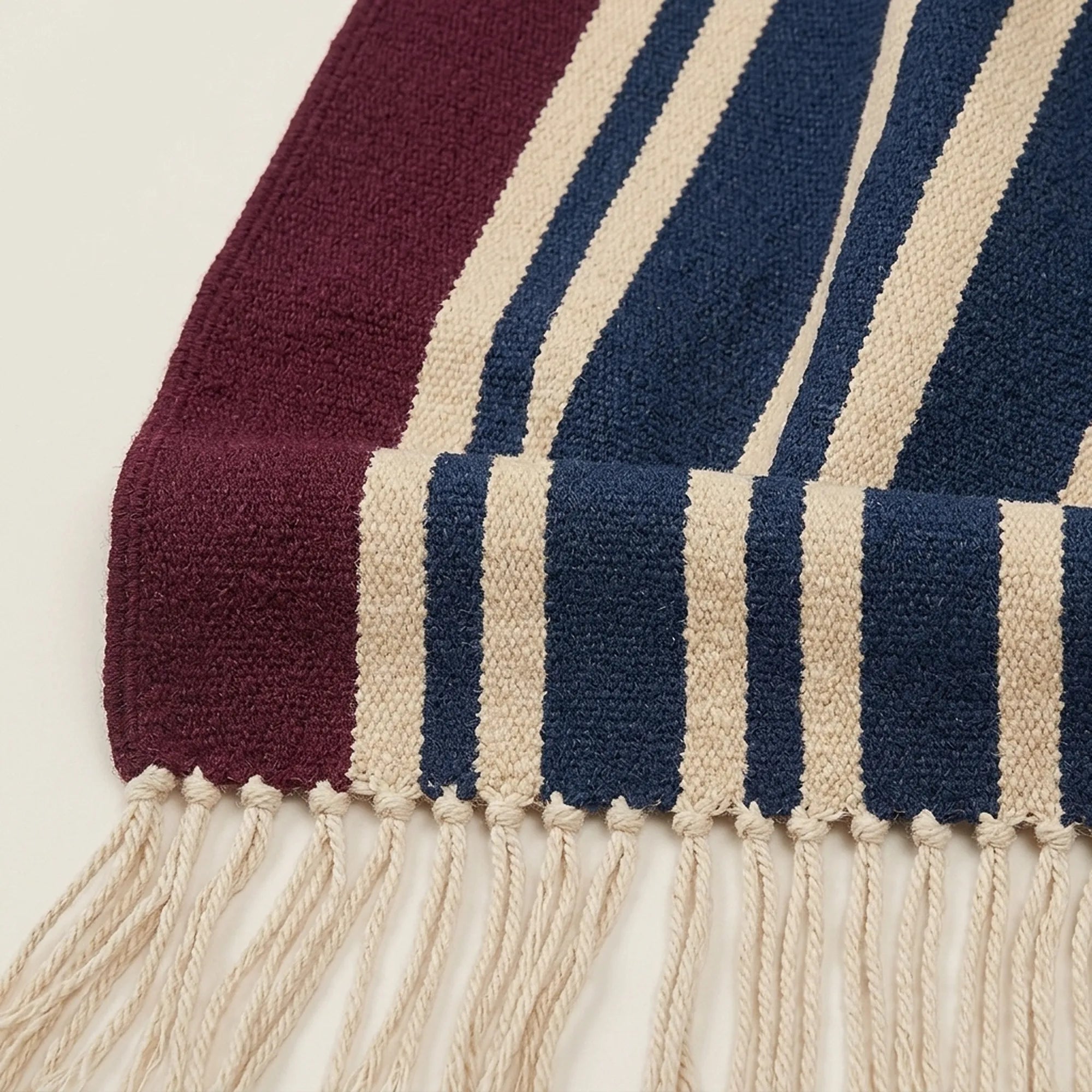 Navy, ivory and burgundy Zanafi rug Taghbalut with pinstripe design, additional border detail
