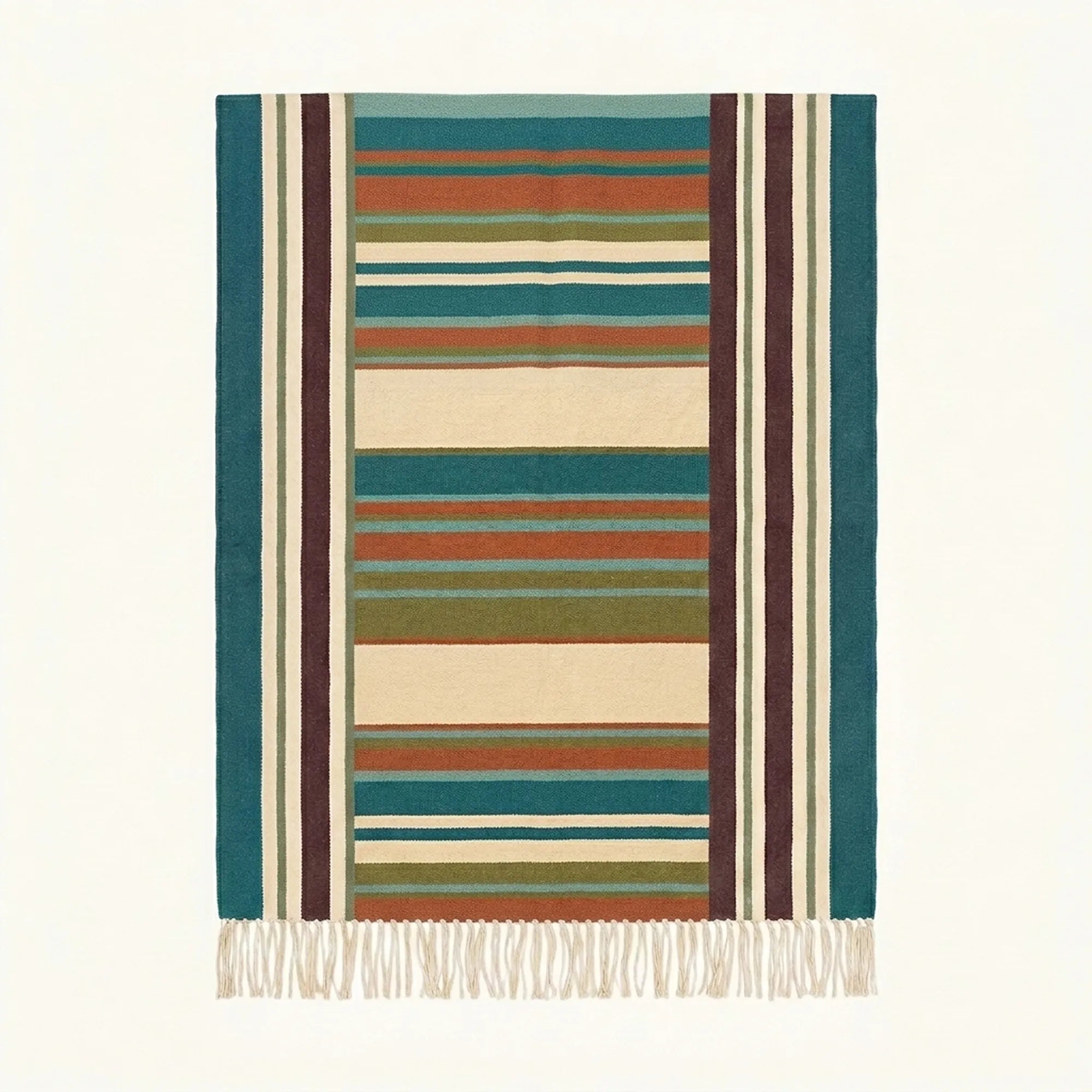 Teal Zanafi Kilim rug Tagmout with bordered multicolor stripes, full rug view