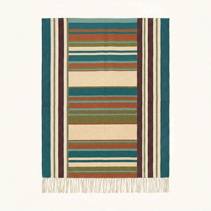 Teal Zanafi Kilim rug Tagmout with bordered multicolor stripes, full rug view
