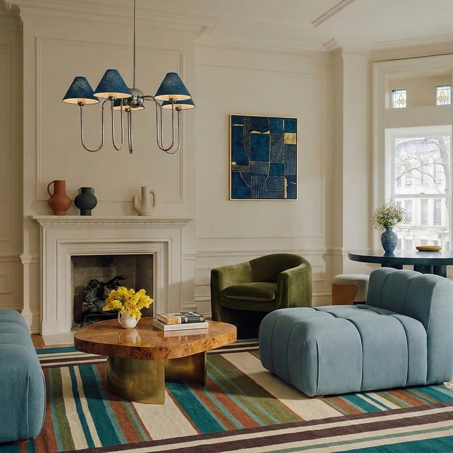 Teal Zanafi Kilim rug Tagmout with bordered stripes, lifestyle living room view