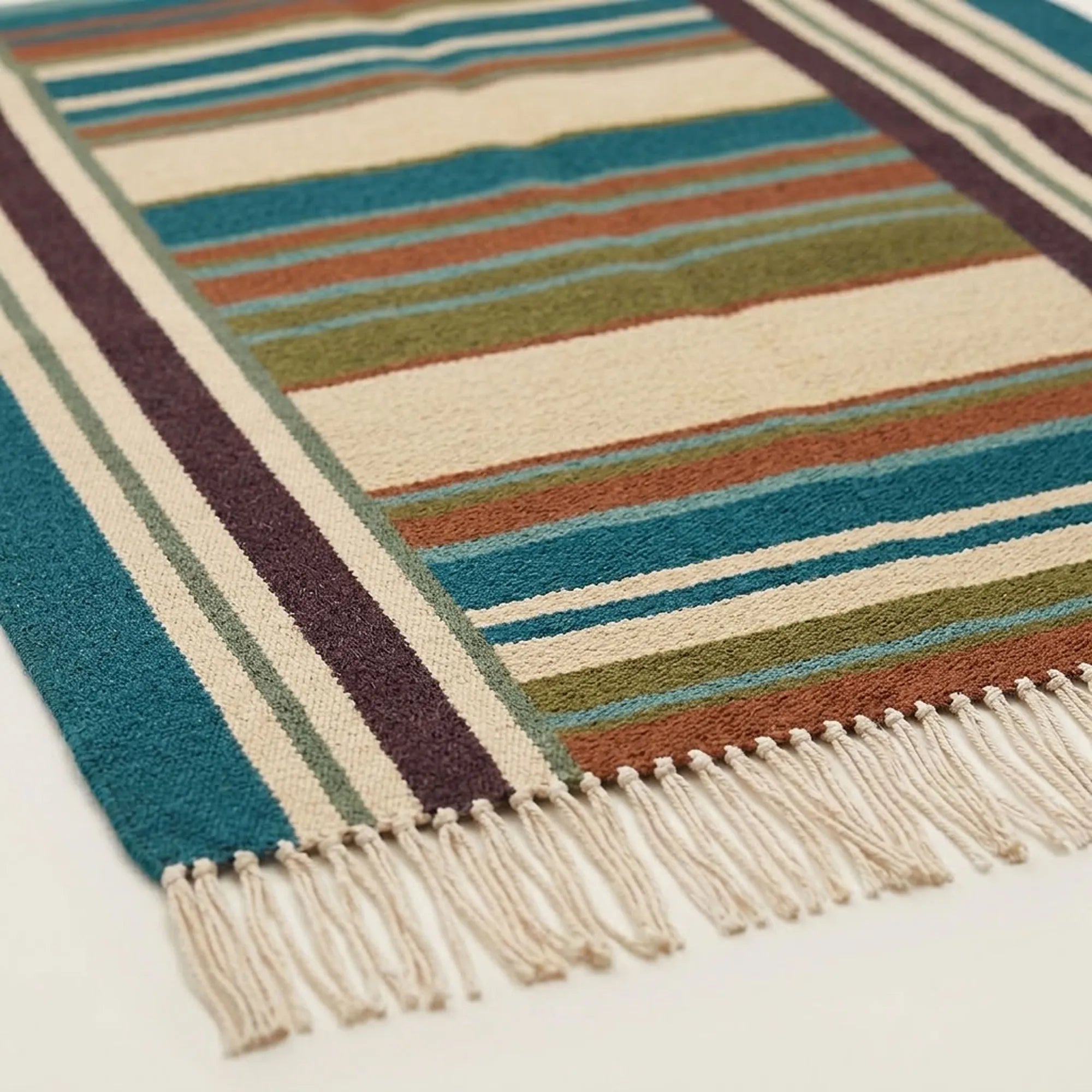 Teal Zanafi Kilim rug Tagmout, bordered stripe pattern detail