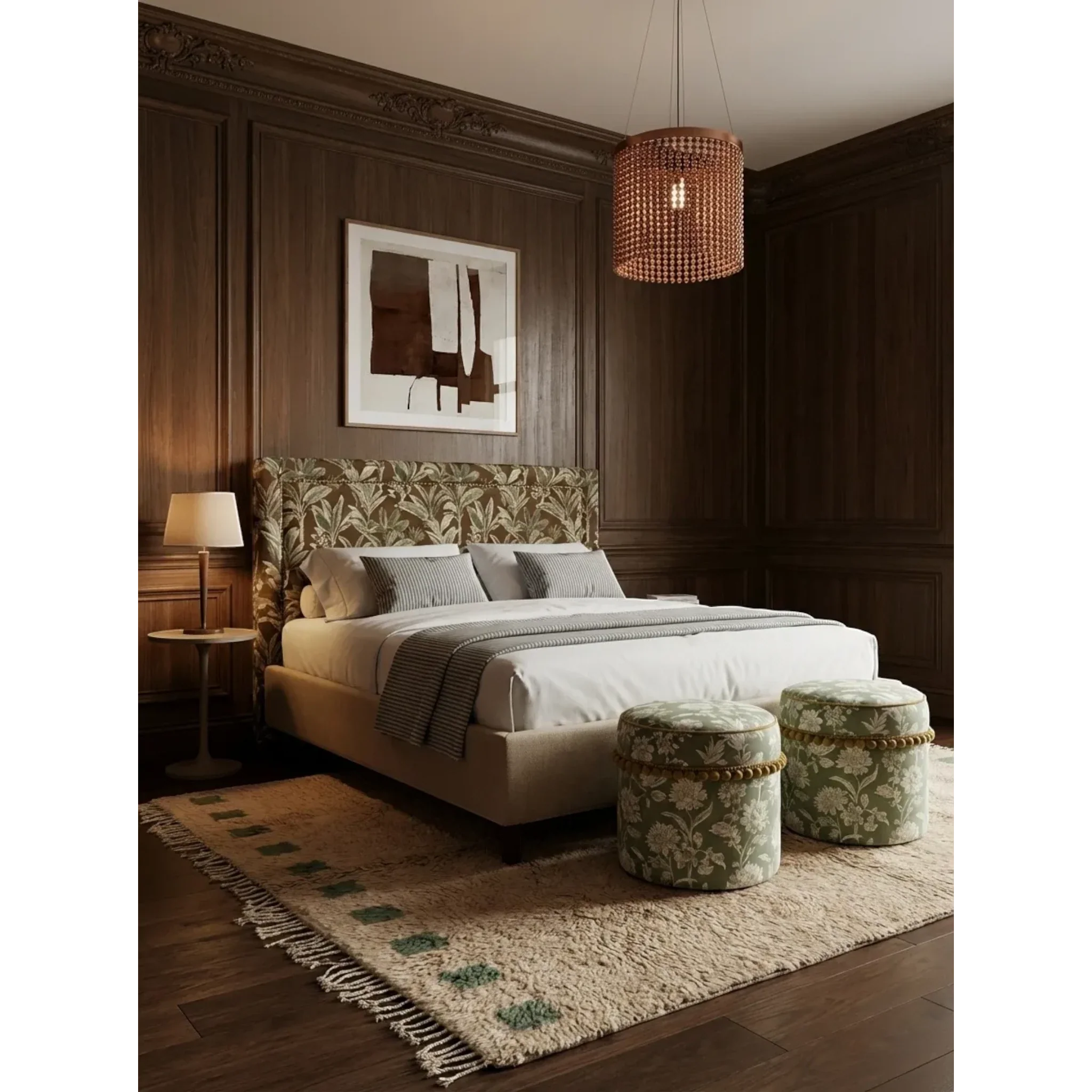 Tala ivory and green Beni Ourain rug styled in a calm contemporary interior.