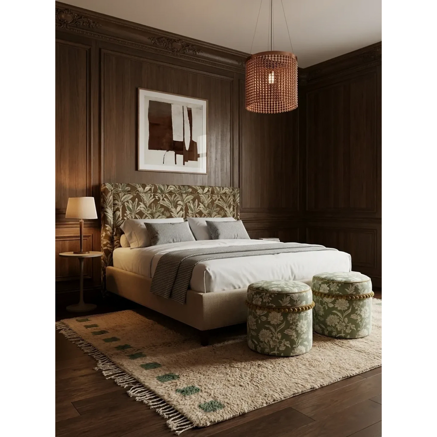 Tala ivory and green Beni Ourain rug styled in a calm contemporary interior.