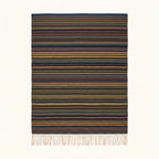 Navy Zanafi Kilim rug Taliouine with fine multicolor stripes, full rug view