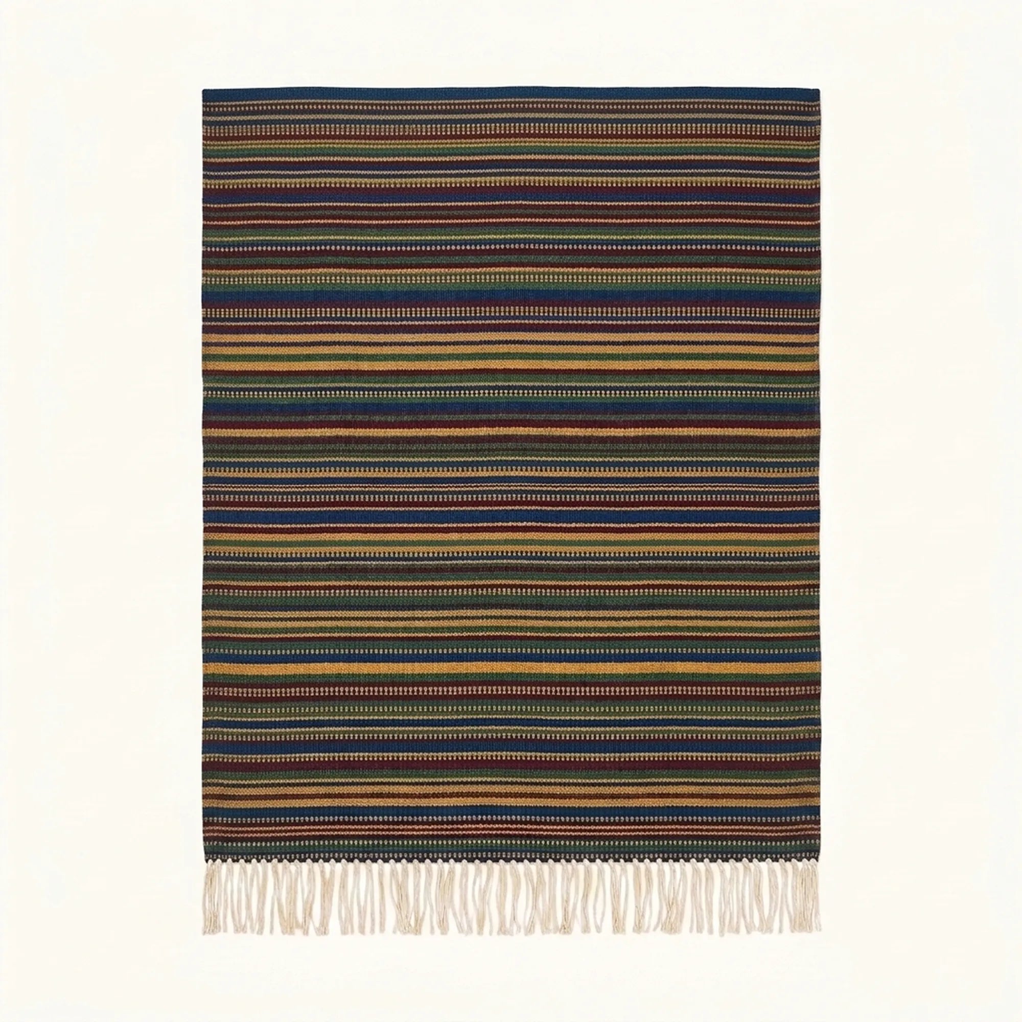 Navy Zanafi Kilim rug Taliouine with fine multicolor stripes, full rug view