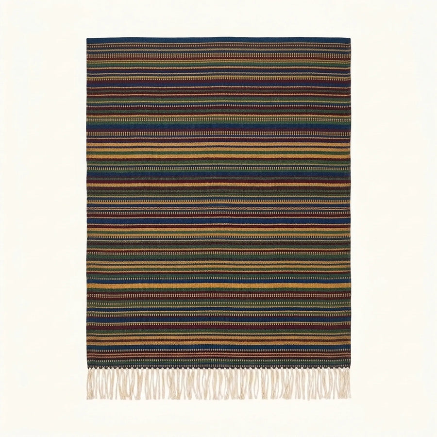 Navy Zanafi Kilim rug Taliouine with fine multicolor stripes, full rug view