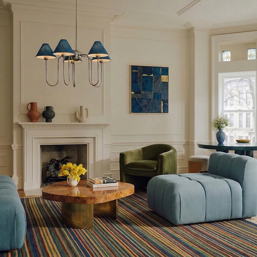 Navy Zanafi Kilim rug Taliouine with fine stripes, lifestyle living room view