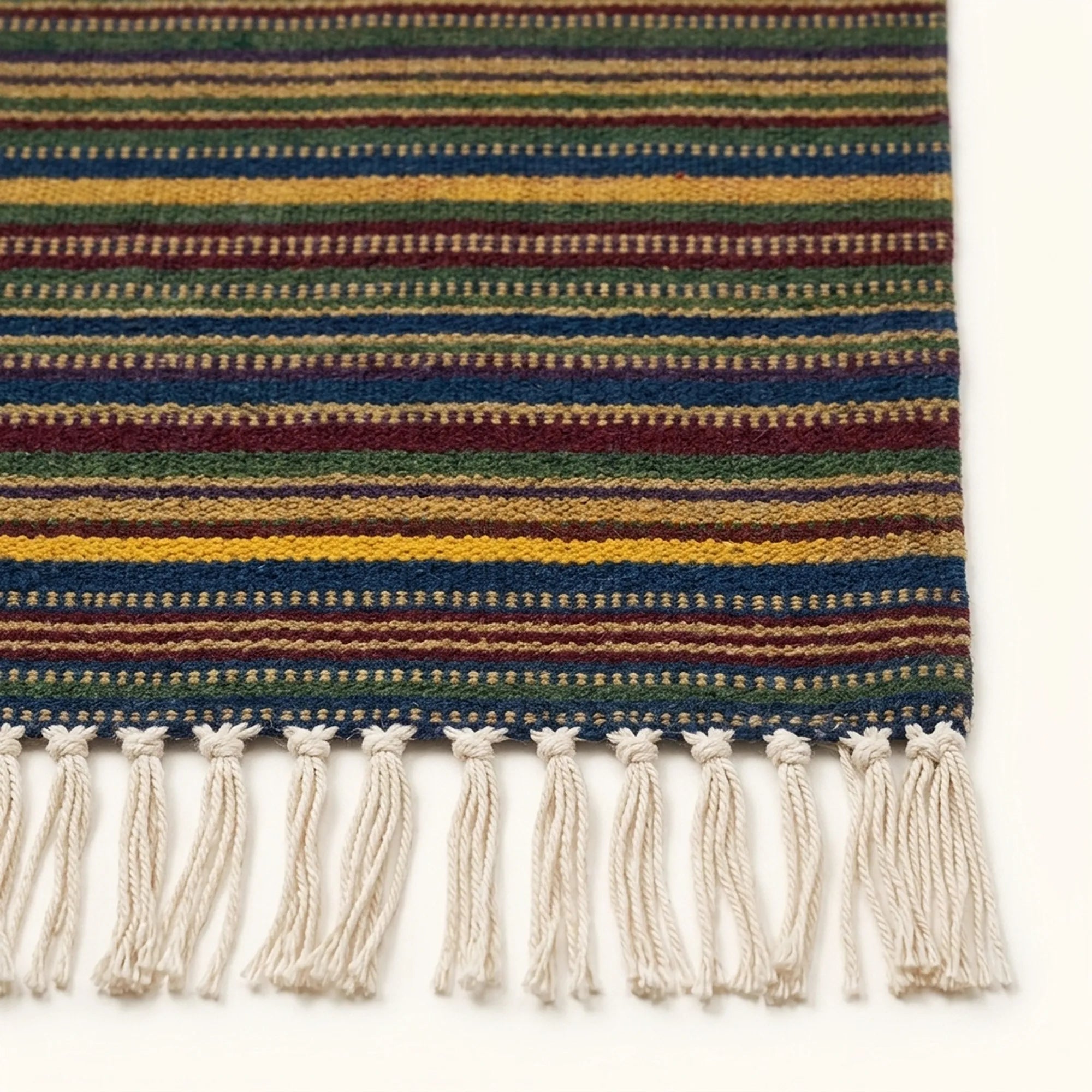 Navy Zanafi Kilim rug Taliouine, handwoven fringe detail