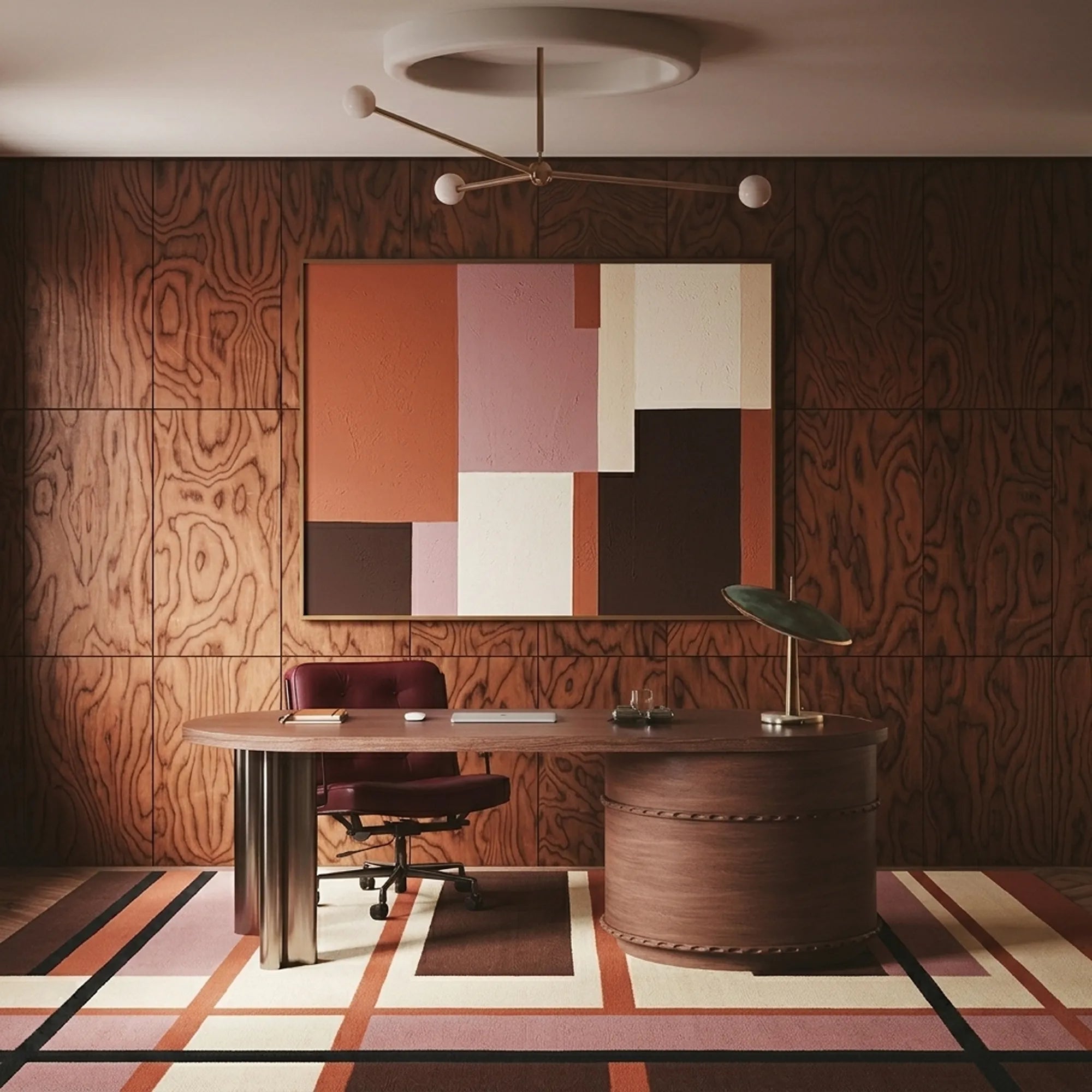 Terracotta Zanafi rug Tamnougalt with linear blocks in a modern office