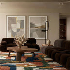 Coral & Navy Mrirt rug Ifranir with abstract patchwork, styled in a living room