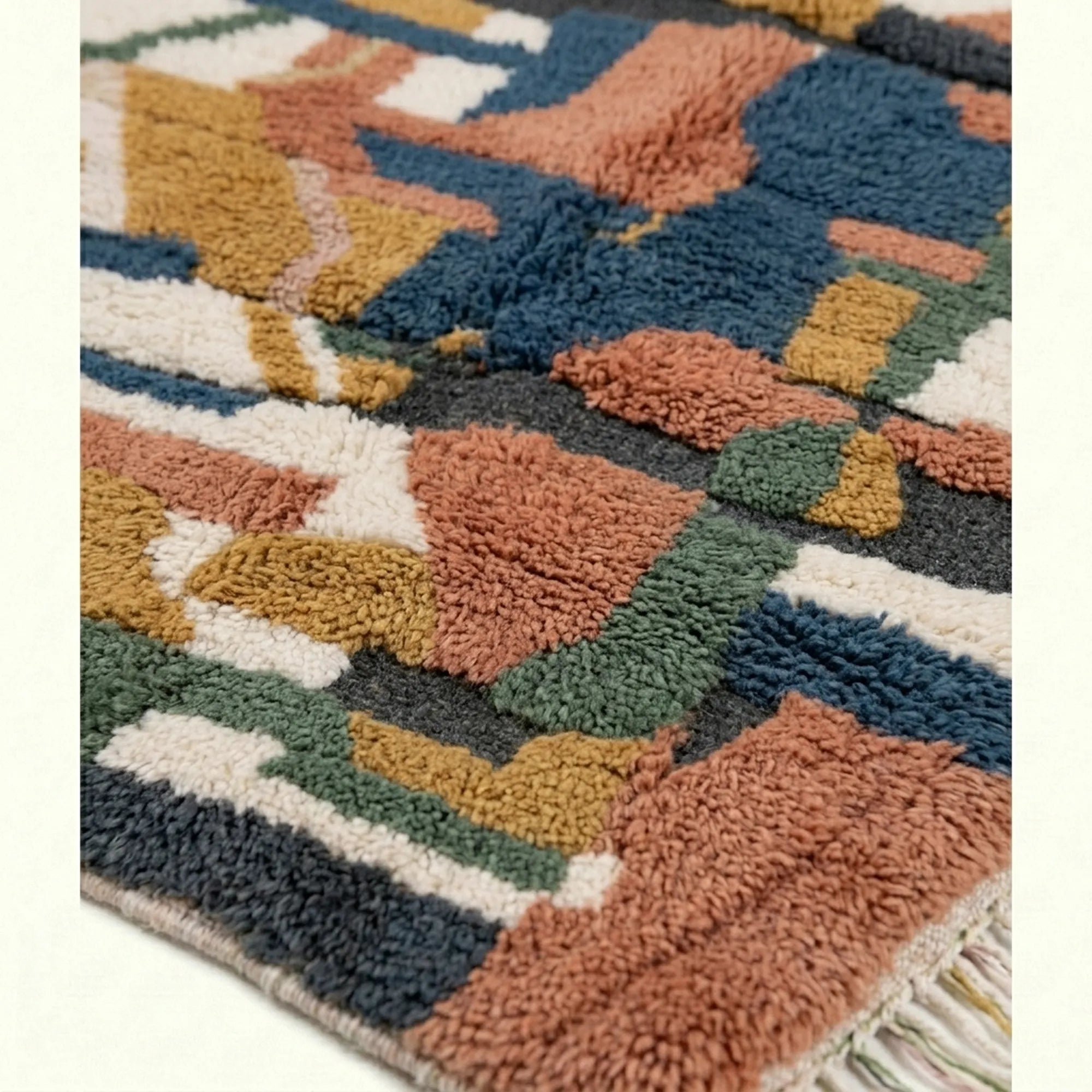 Coral & Navy Mrirt rug Ifranir, abstract patchwork pattern detail