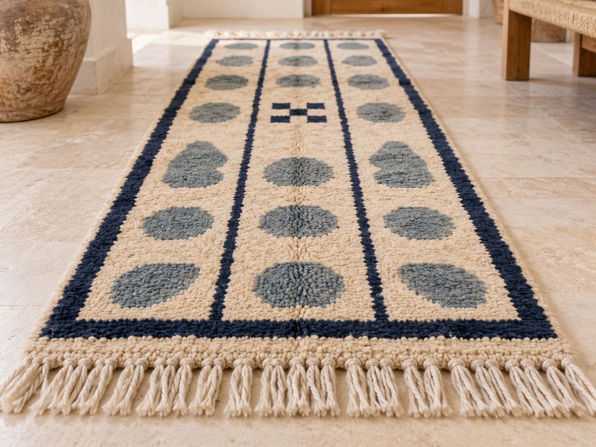 Overhead view of runner in neutral entryway showing overall proportions and pebble column layout