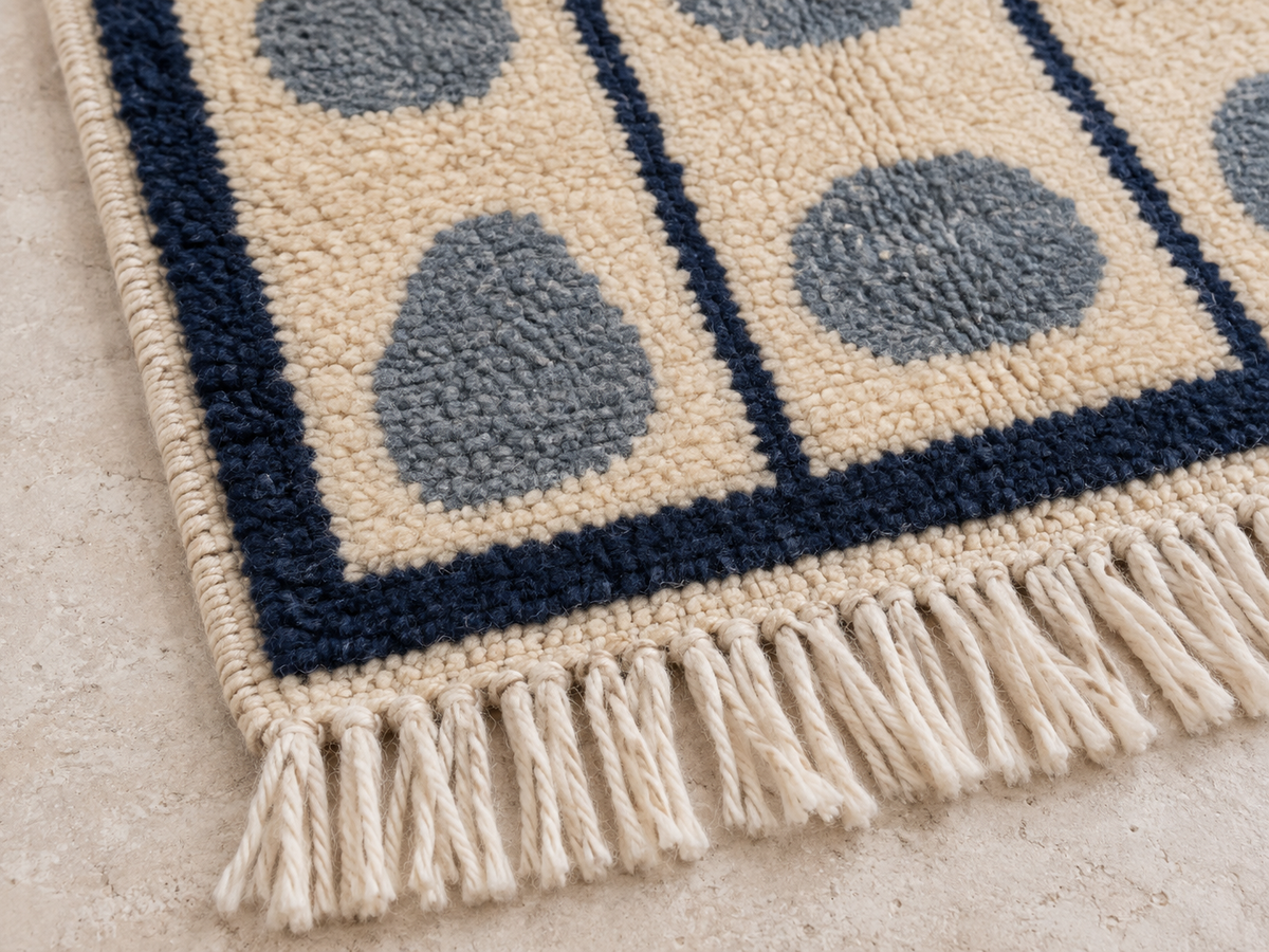 Edge detail showing navy border, cream fringe and finished edge of runner