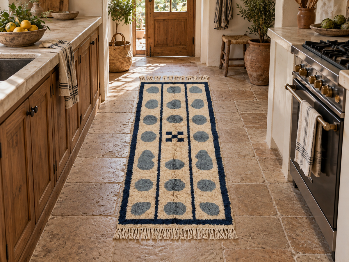 Tan, Slate Blue & Navy Mrirt runner placed in light kitchen with wooden cabinets and stone countertops