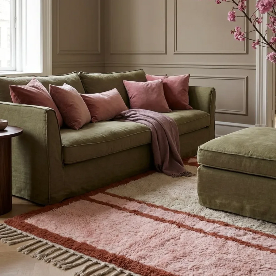 Tanirt blush Beni Ourain rug styled in a refined living room