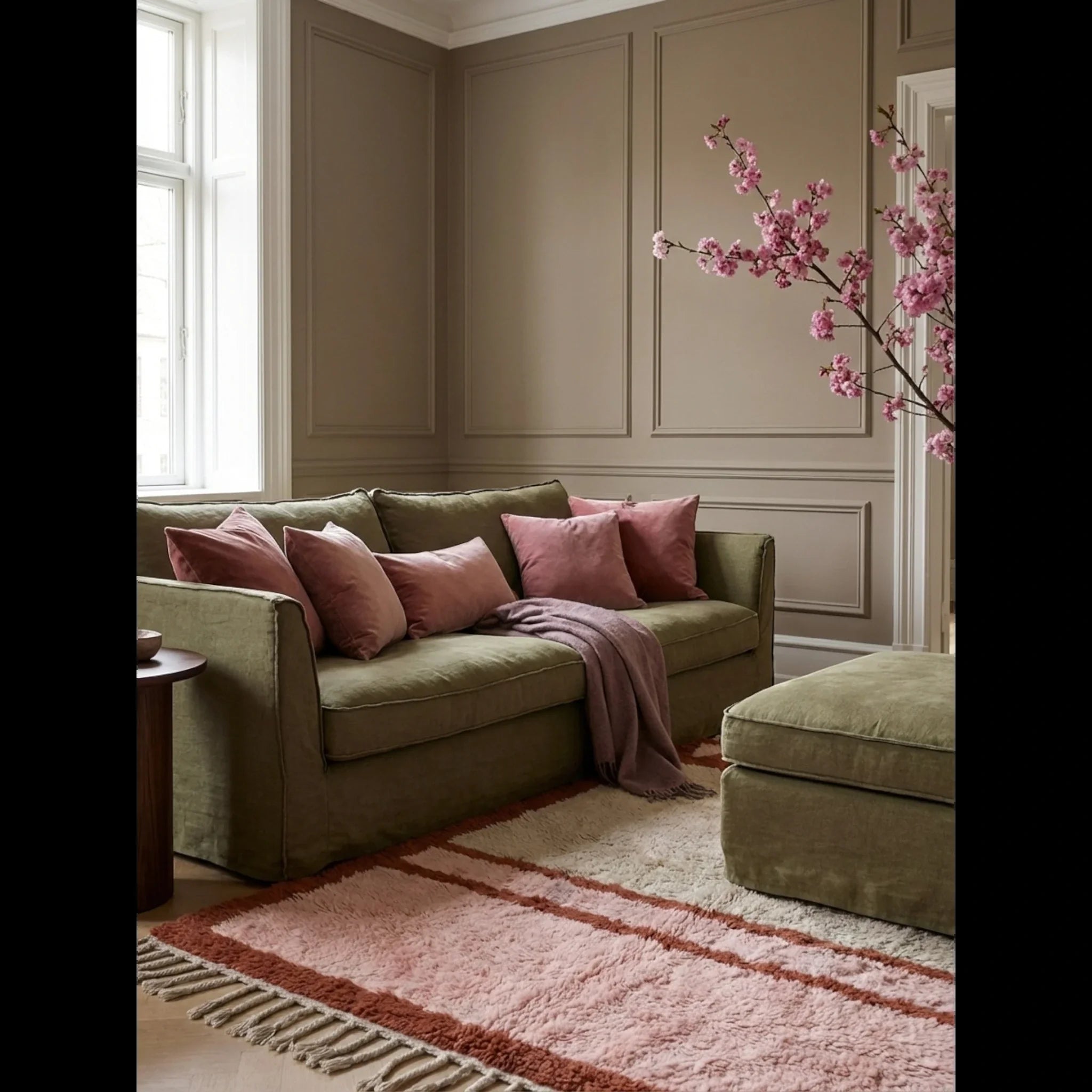Tanirt blush Beni Ourain rug styled in a refined contemporary interior.
