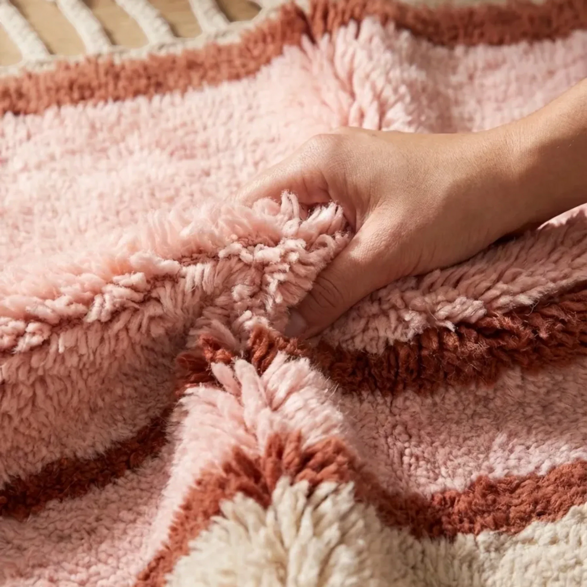 Tanirt blush Beni Ourain rug plush wool texture detail