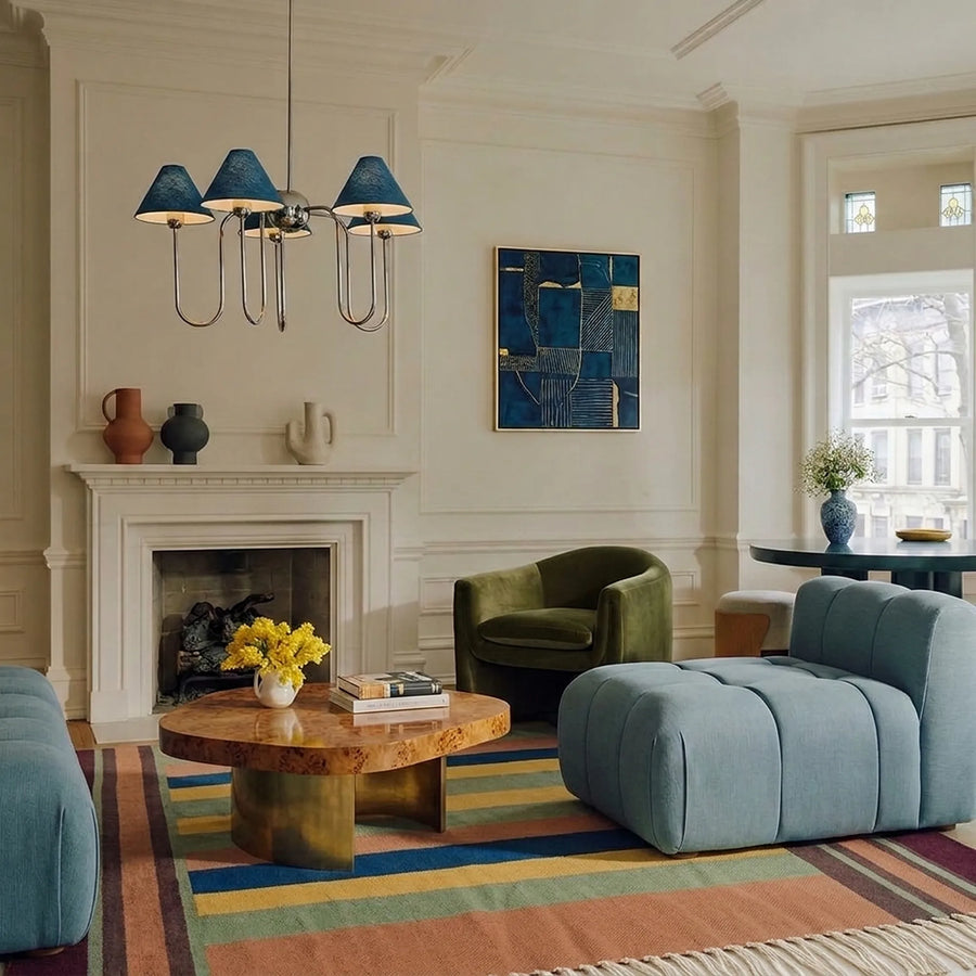 Terracotta Zanafi Kilim rug Taourirt with color bands, lifestyle living room view