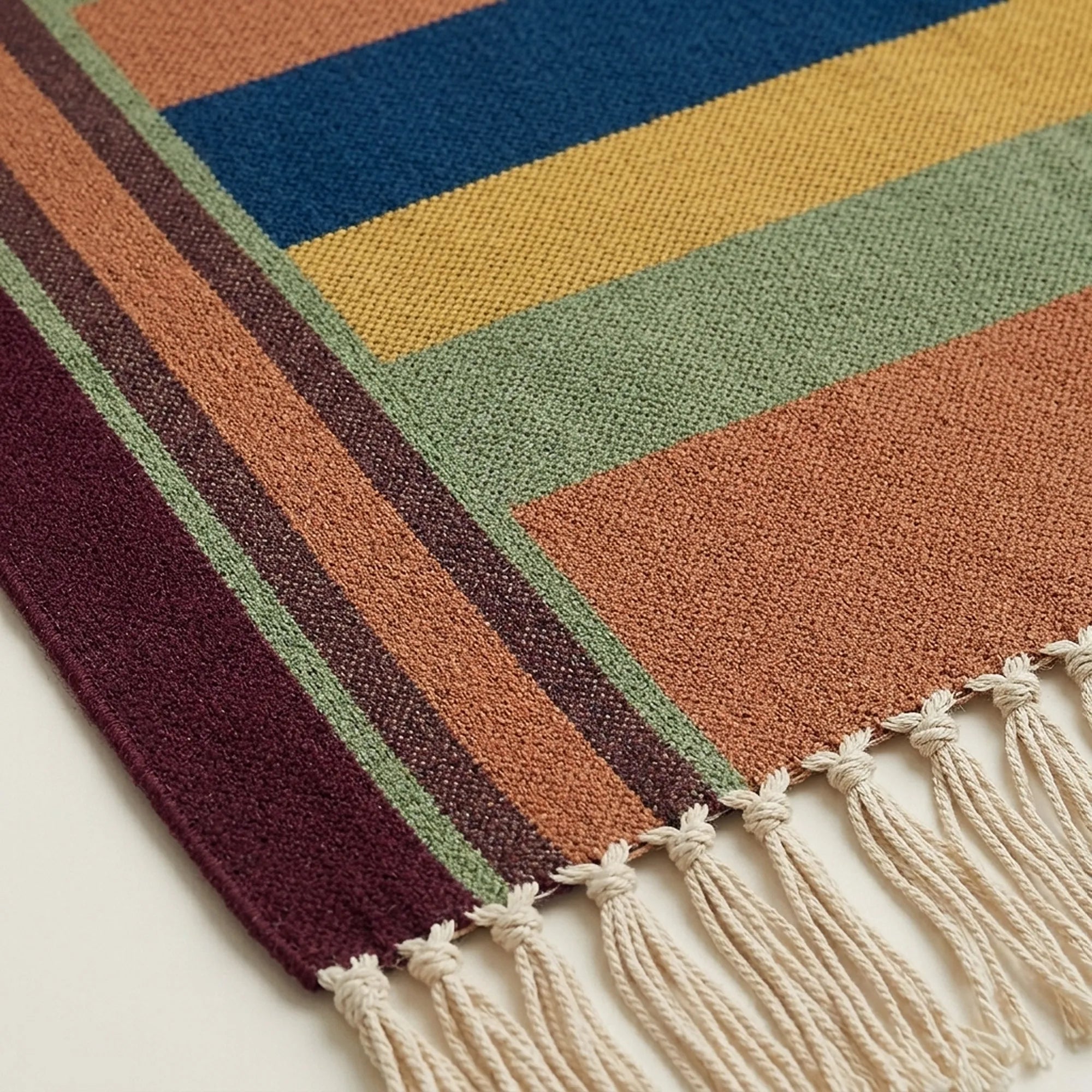 Terracotta Zanafi Kilim rug Taourirt, burgundy border and fringe detail